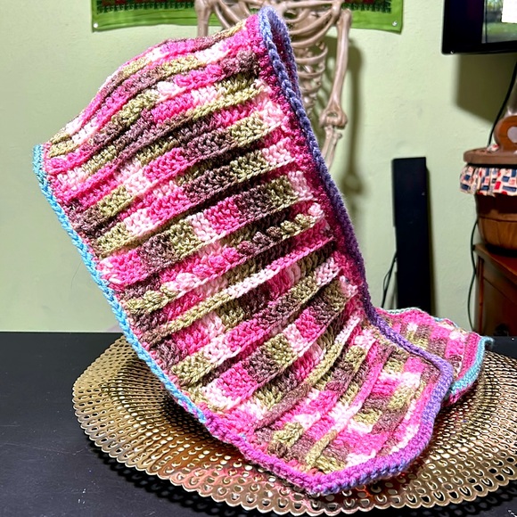 Handcrafted crocheted scarf. 36 inches long. 9 inches wide.  Pink, green, brown - Picture 3 of 3